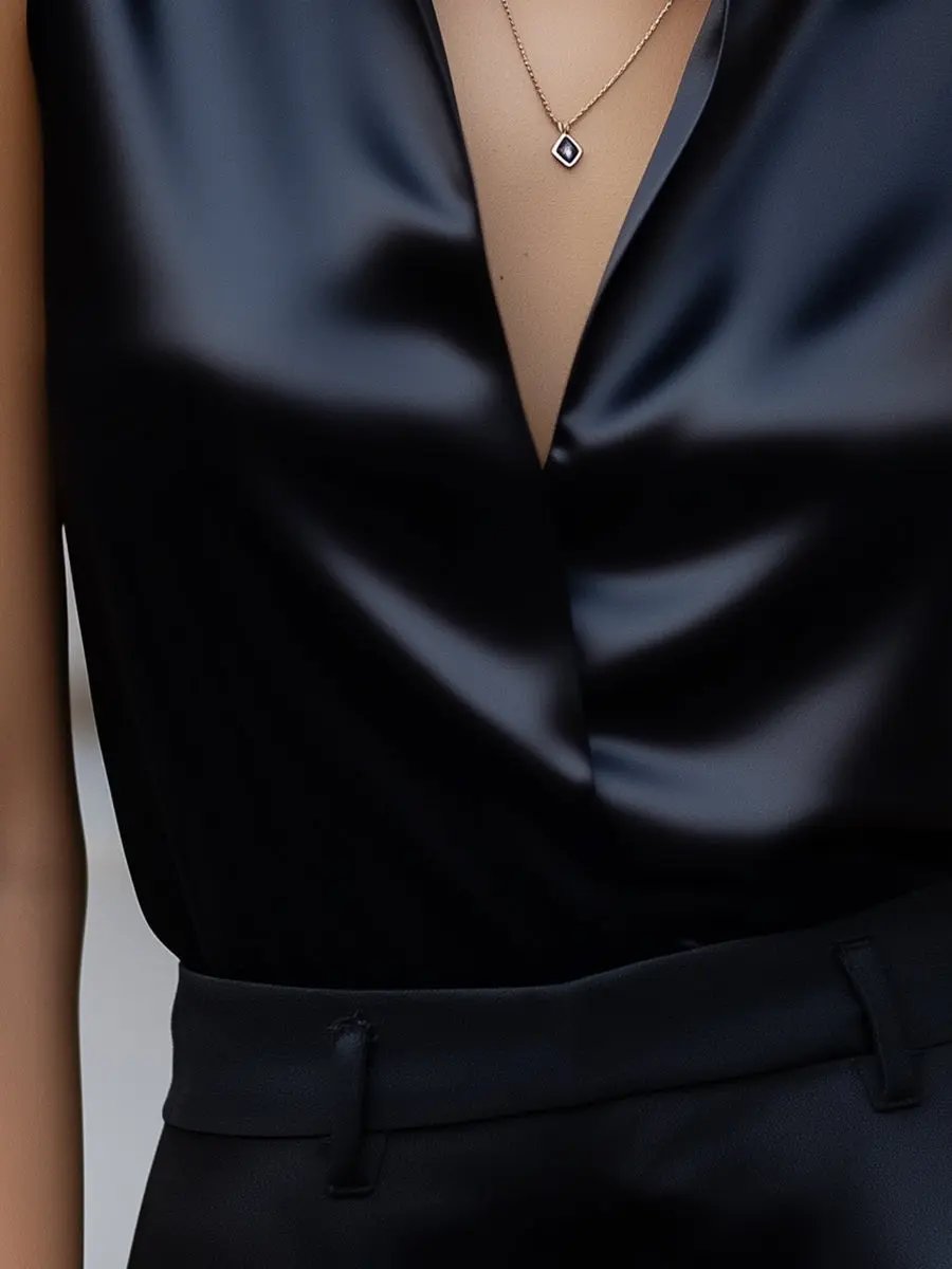 Sleek Black Satin Sleeveless Blouse MollyBoo
