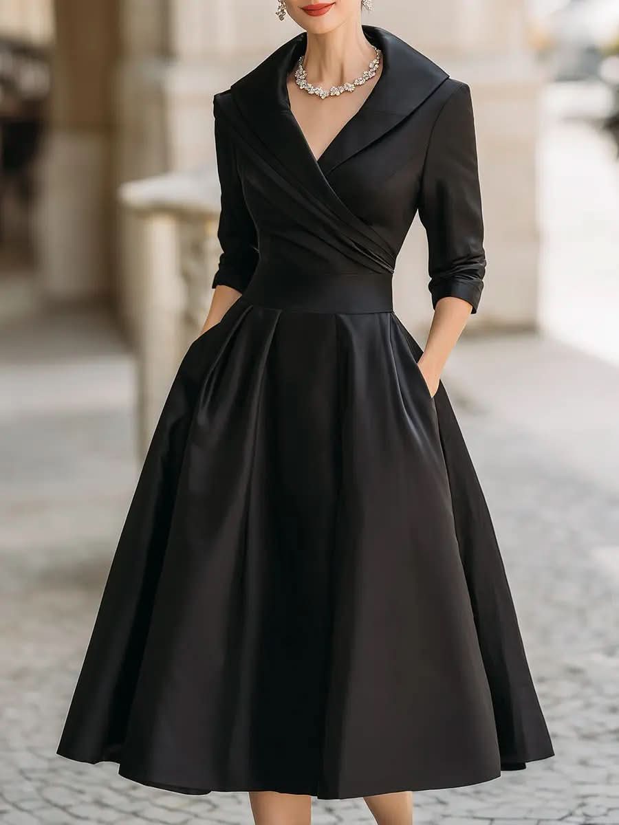 Vintage-Inspired Satin Midi Dress With Draped Collar MollyBoo