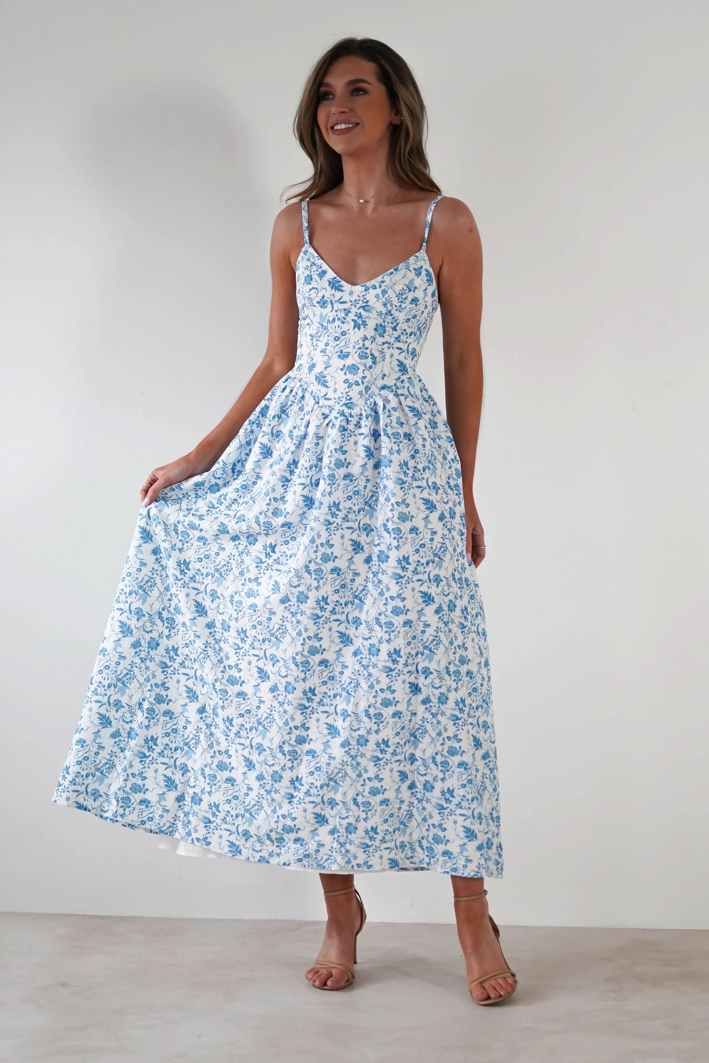 Robe Longue Fleurie Carolyn Robe Maxi Bleue et Blanch MollyBoo