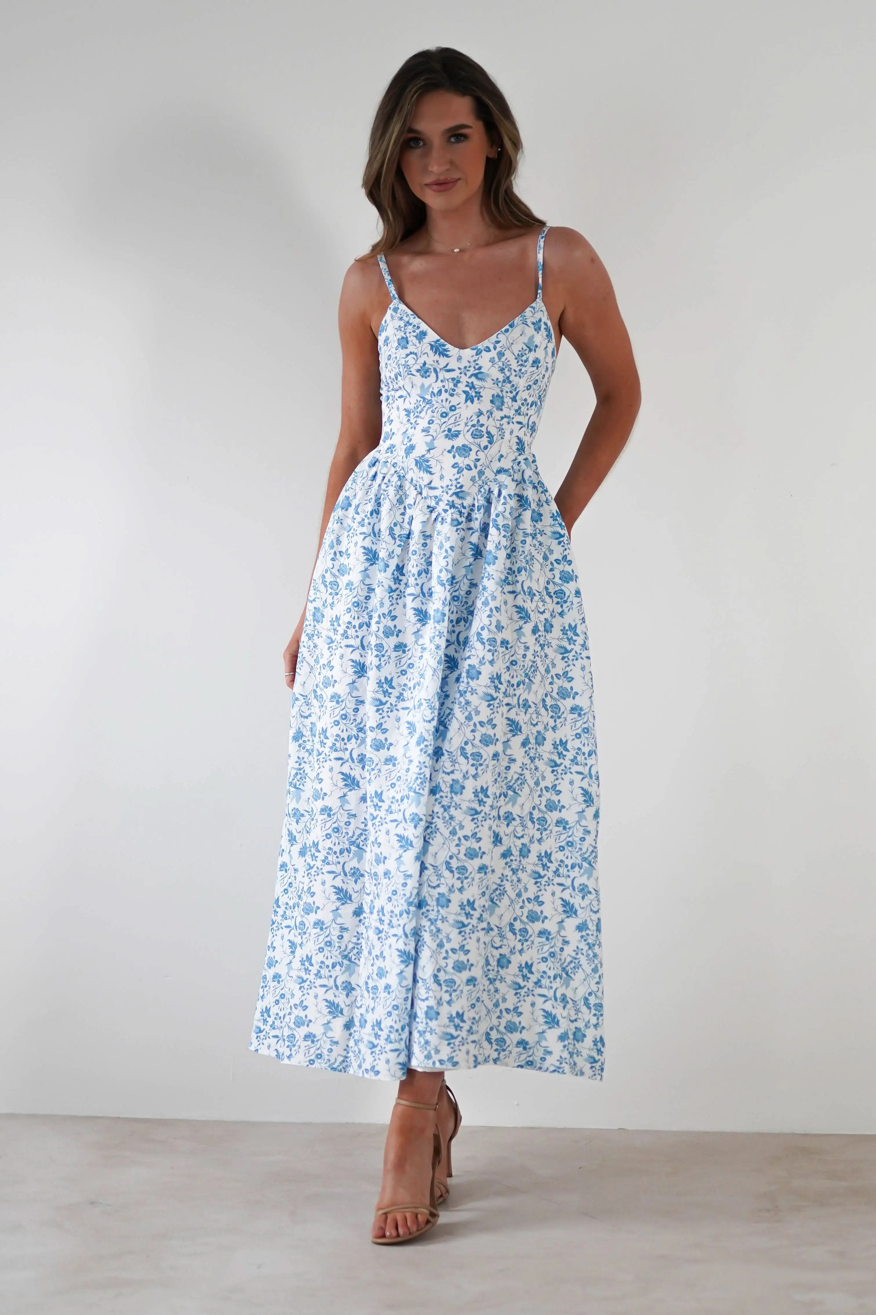 Robe Longue Fleurie Carolyn Robe Maxi Bleue et Blanch MollyBoo