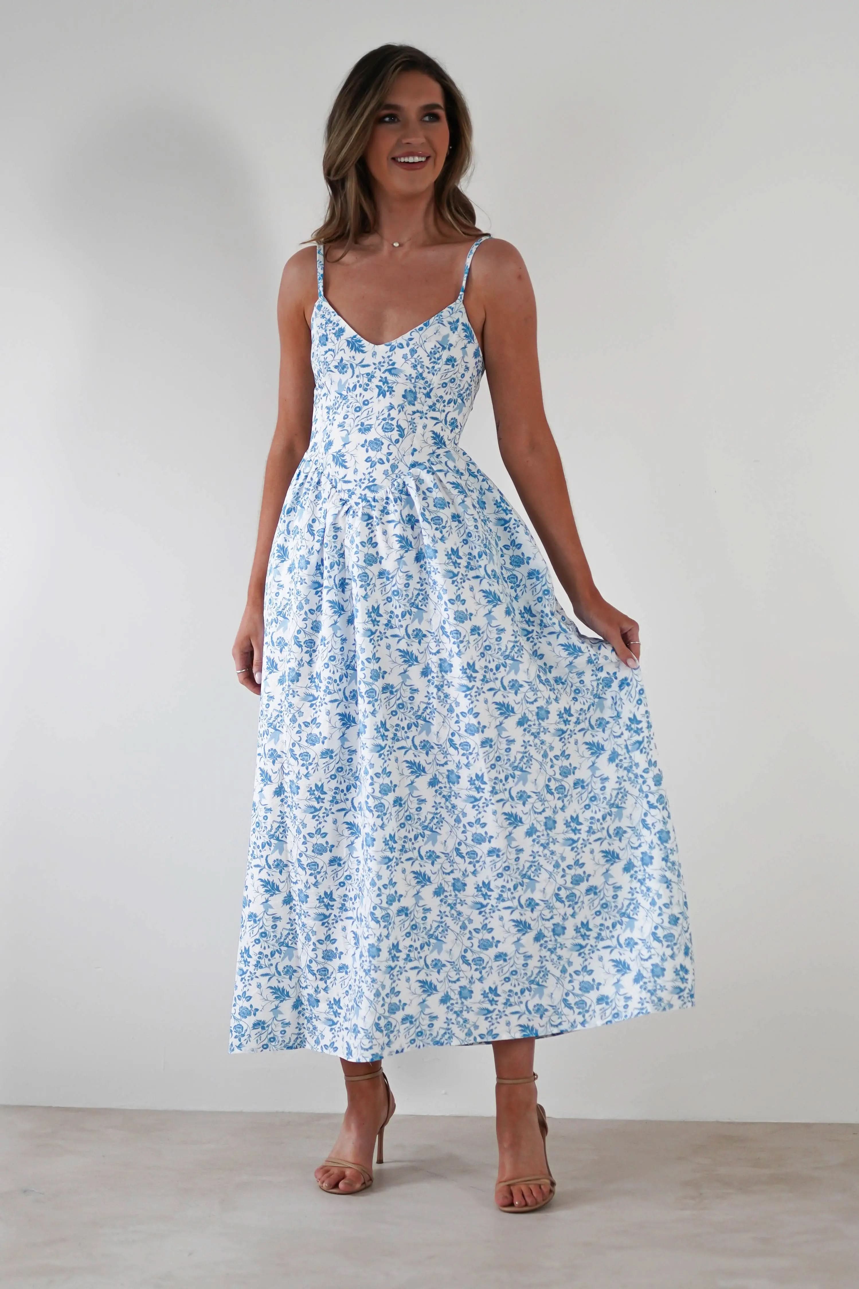 Robe Longue Fleurie Carolyn Robe Maxi Bleue et Blanch MollyBoo