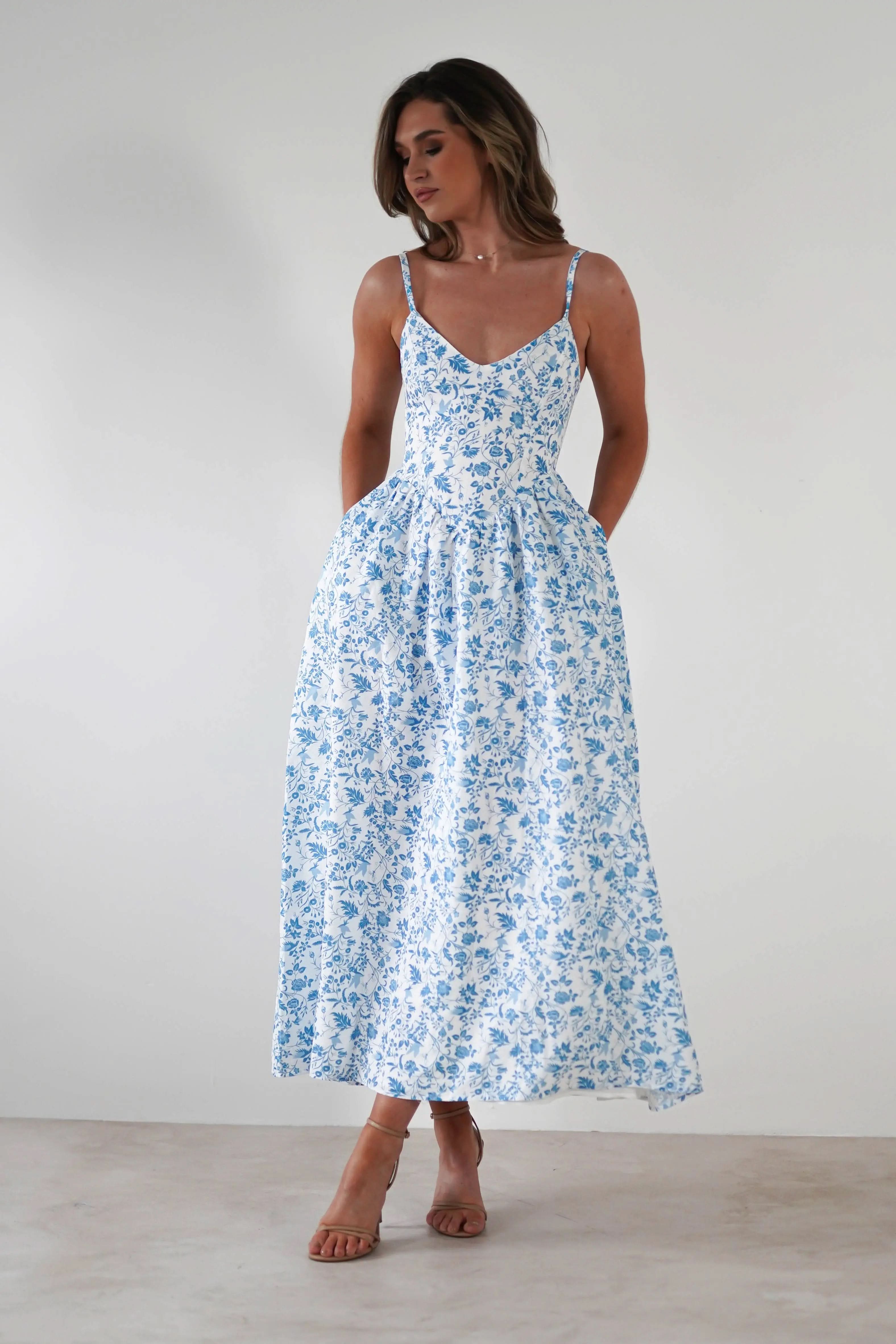Robe Longue Fleurie Carolyn Robe Maxi Bleue et Blanch MollyBoo
