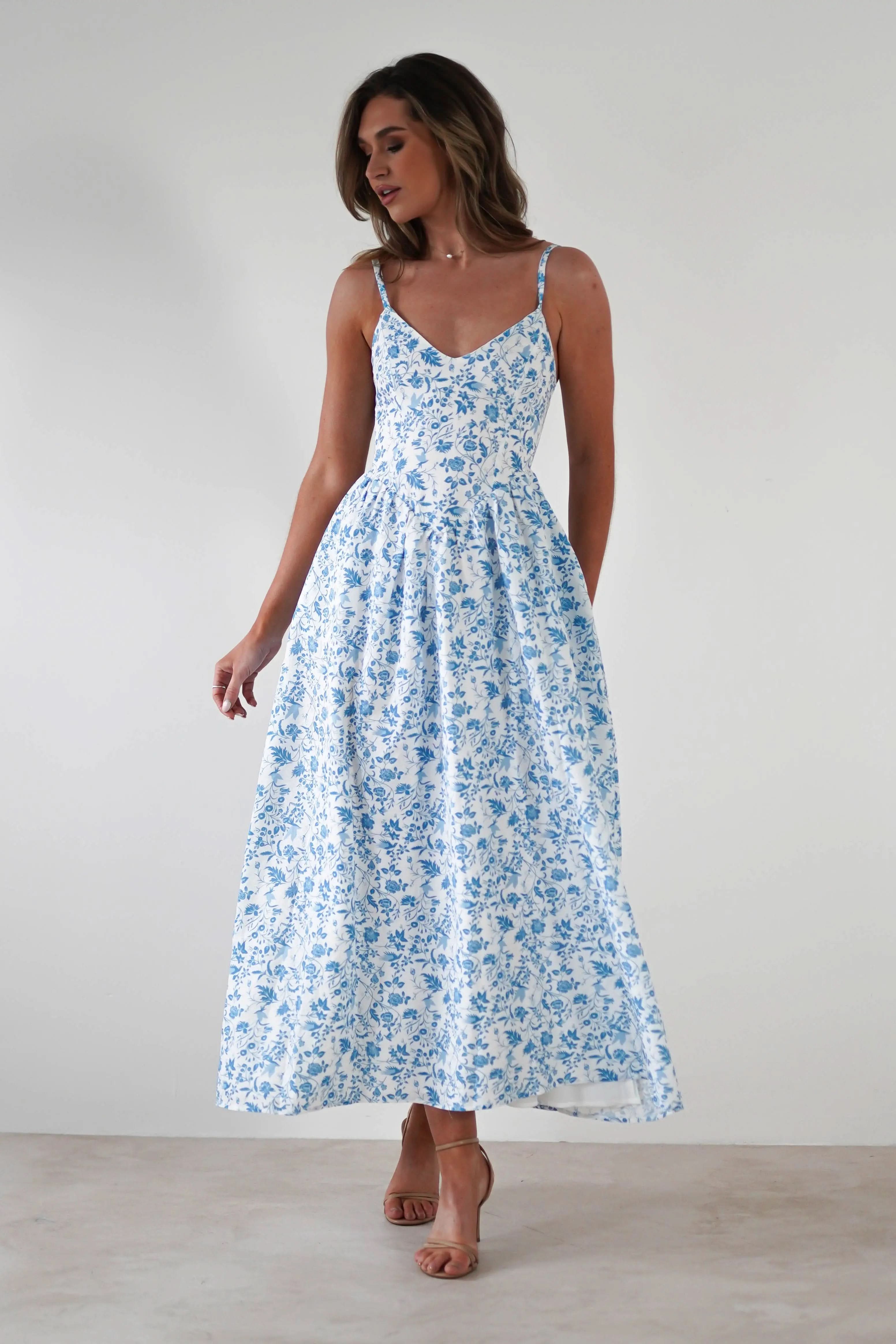Robe Longue Fleurie Carolyn Robe Maxi Bleue et Blanch MollyBoo