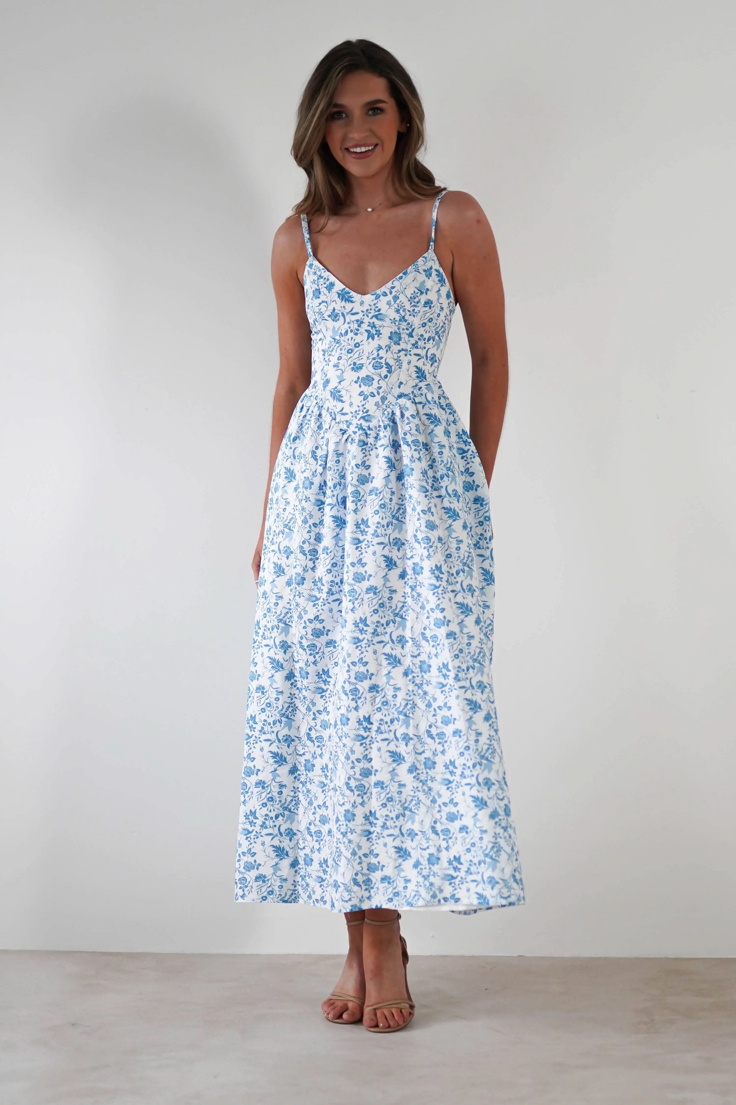 Robe Longue Fleurie Carolyn Robe Maxi Bleue et Blanch MollyBoo