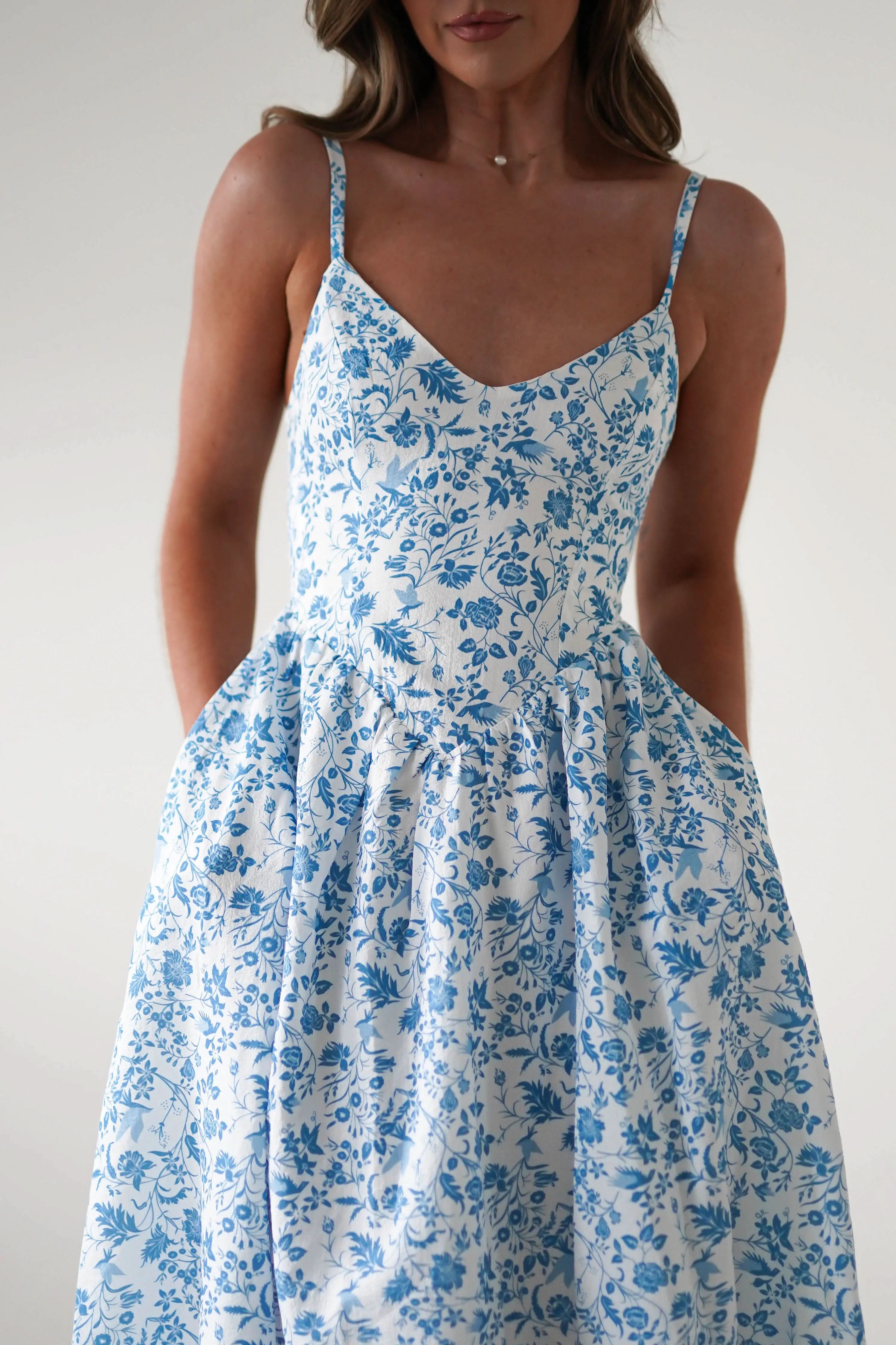 Robe Longue Fleurie Carolyn Robe Maxi Bleue et Blanch MollyBoo