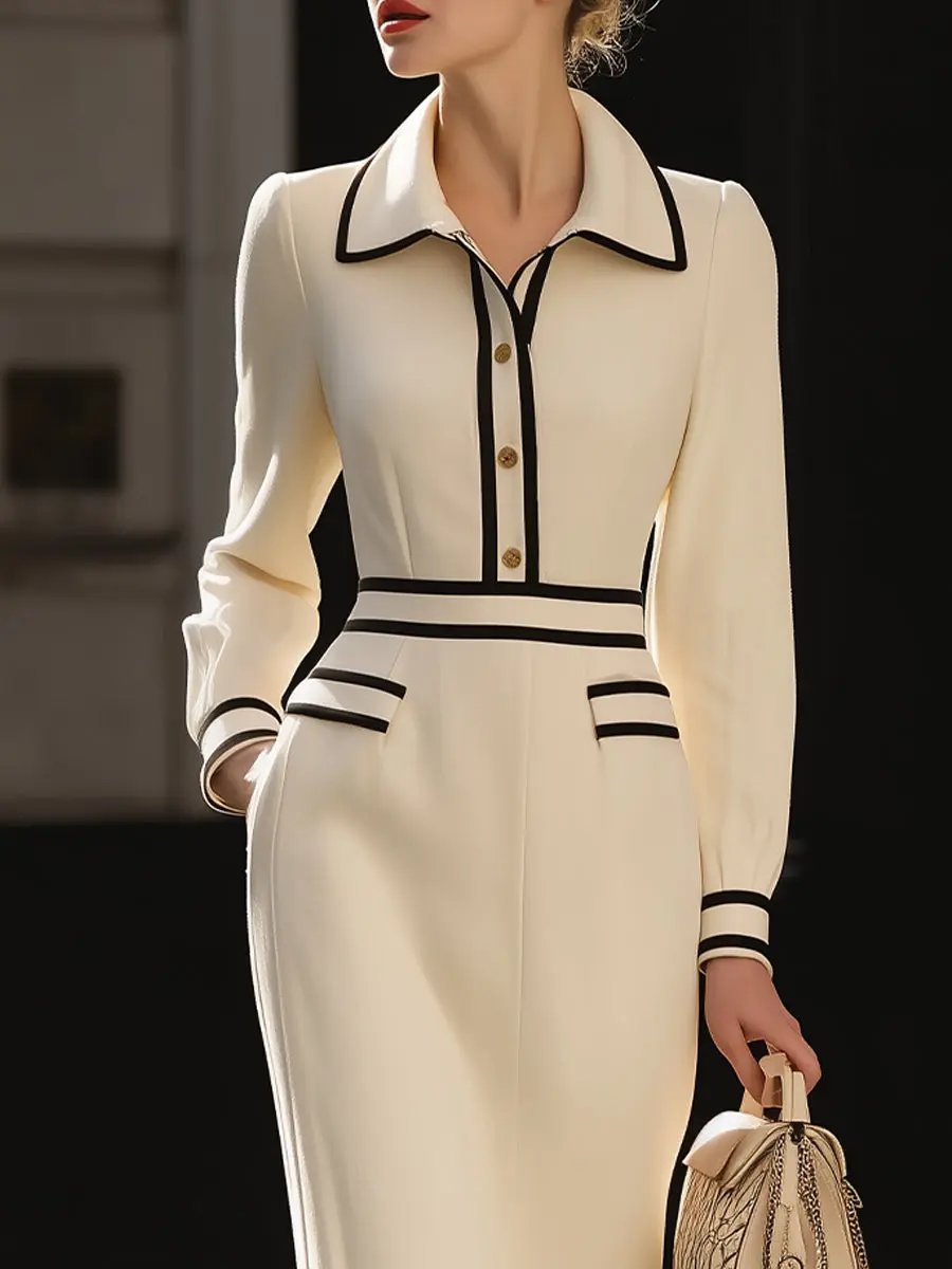 Classic Contrast-Trim Midi Dress With Button Detail MollyBoo