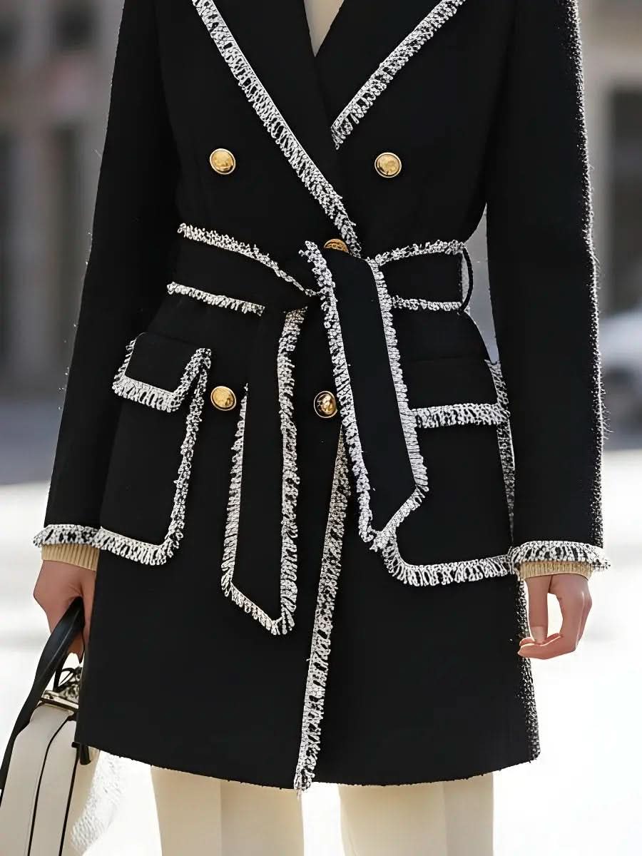 Tweed Double-Breasted Coat With Contrast Fringe Trim MollyBoo