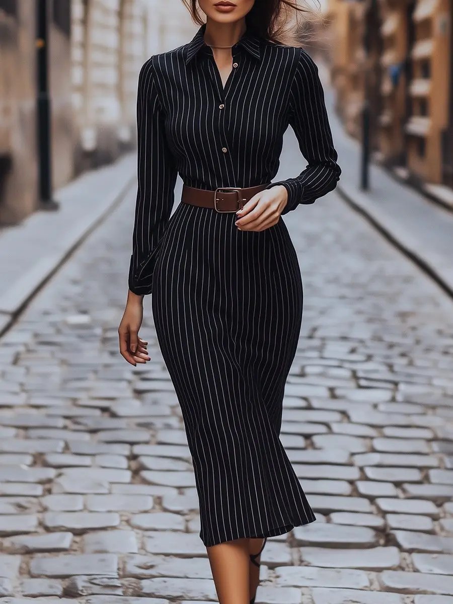 Classic Black Pinstripe Shirt Dress MollyBoo Temu