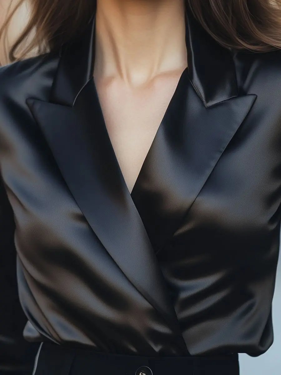 Lustrous Black Satin Blouse with Tailored Lapel MollyBoo