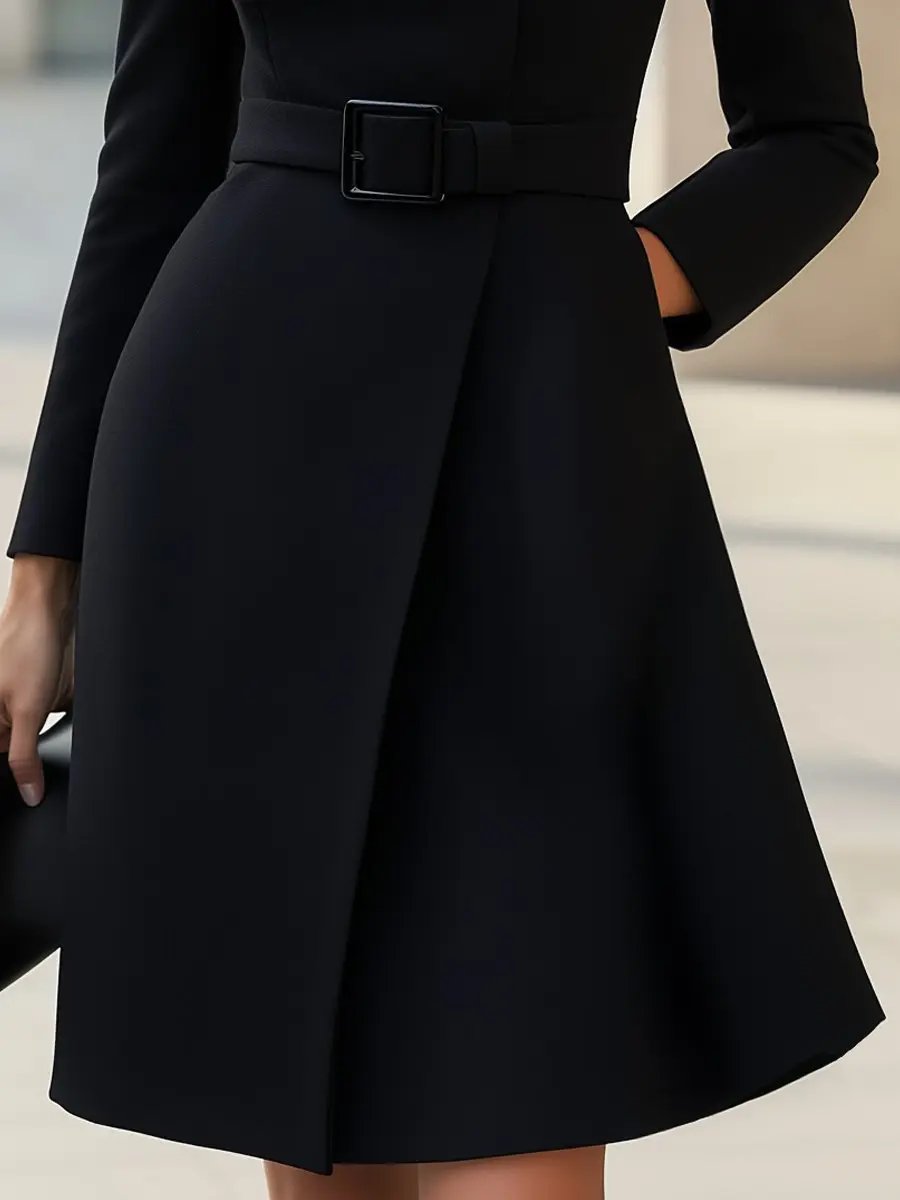 Black High-Neck Asymmetric Belted A-Line Dress MollyBoo
