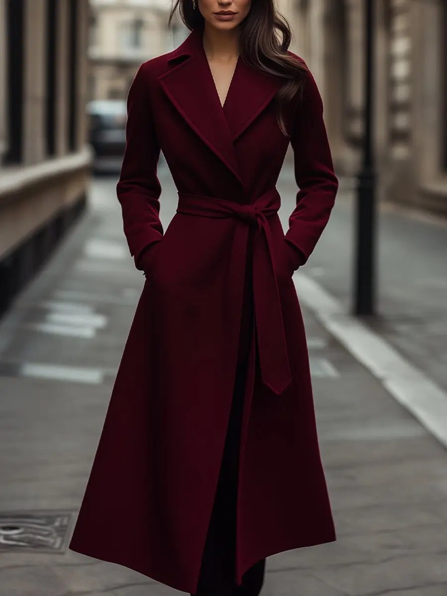 Structured Burgundy Wool Trench Coat with Feminine Fit MollyBoo