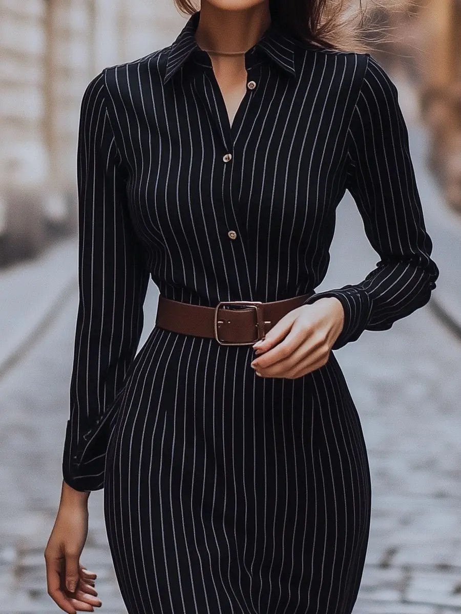 Classic Black Pinstripe Shirt Dress MollyBoo Temu