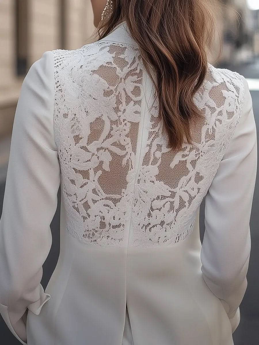 Elegant White Lace-Backed Blazer with Structured Silhouette MollyBoo