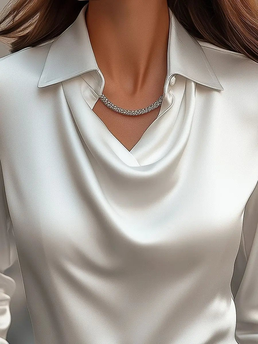 Elegant White Satin Blouse with Draped Neckline MollyBoo