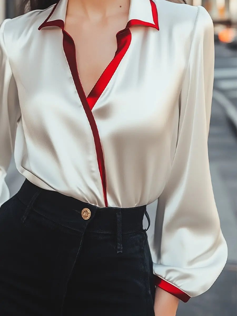 Contrast Collar Satin Blouse MollyBoo