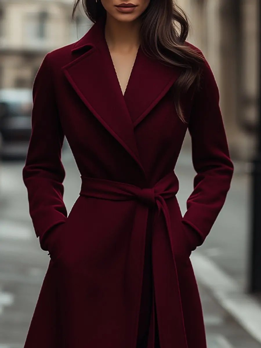 Structured Burgundy Wool Trench Coat with Feminine Fit MollyBoo