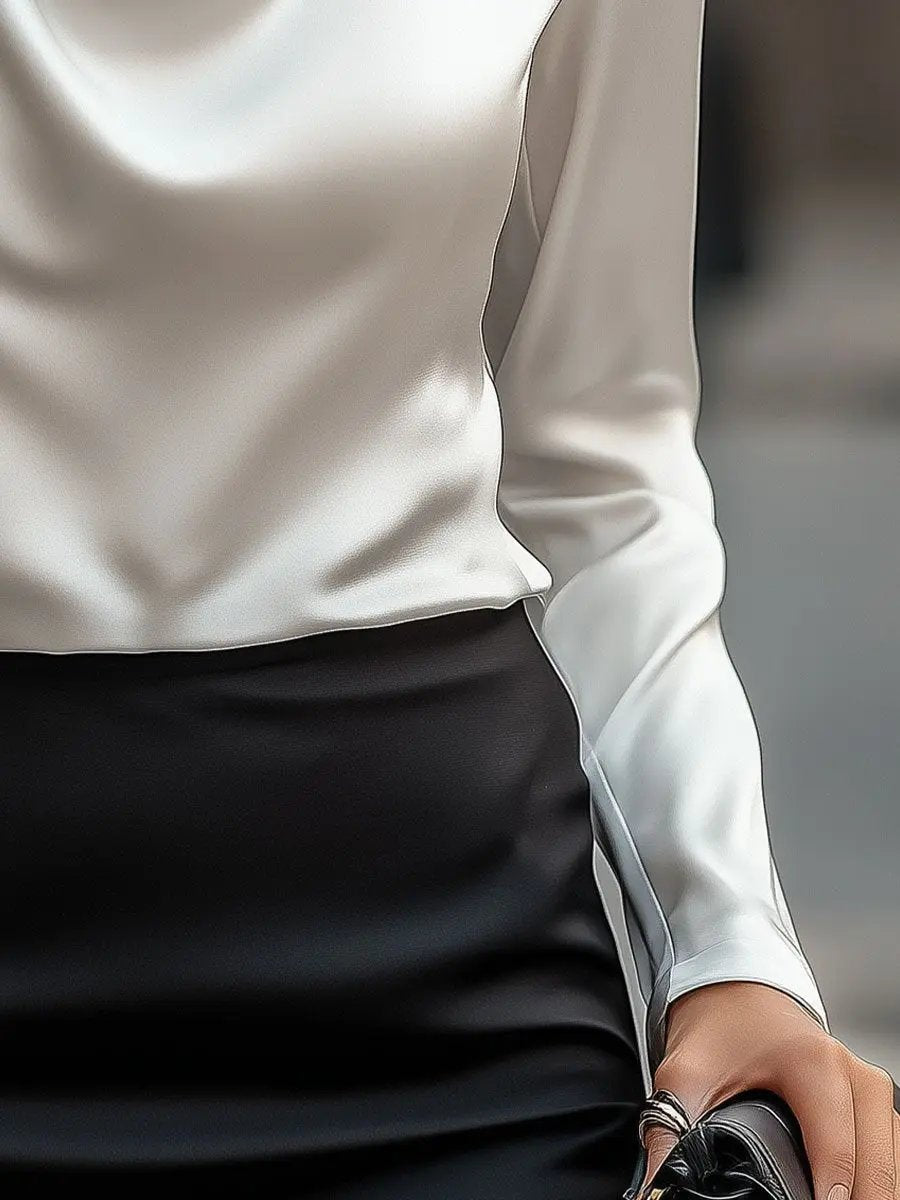 Elegant White Satin Blouse with Draped Neckline MollyBoo