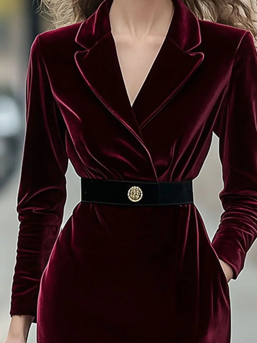 Classic Long-Sleeve Velvet Dress with Gold Accents MollyBoo