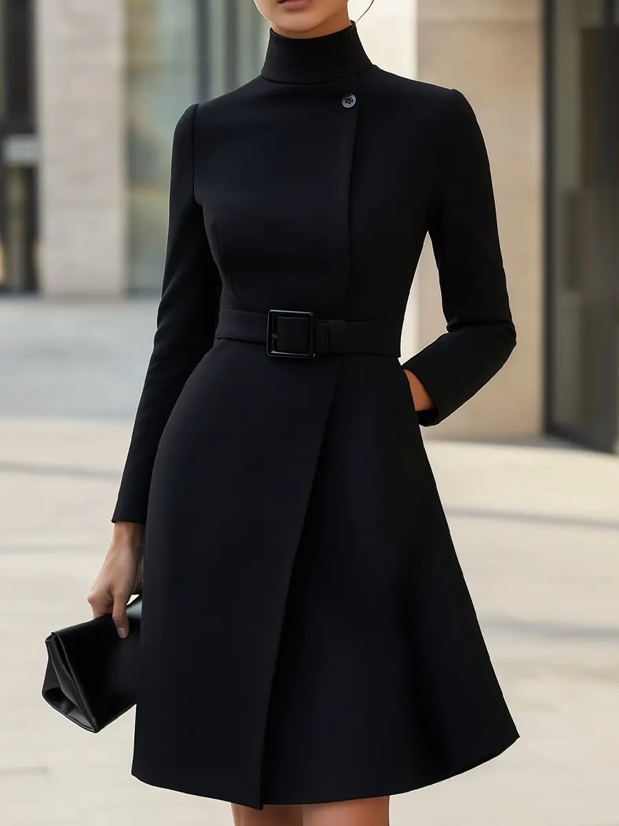 Black High-Neck Asymmetric Belted A-Line Dress MollyBoo