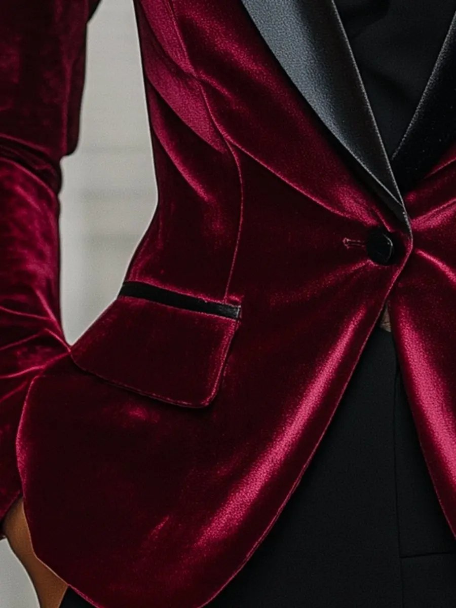 Burgundy Velvet Blazer with Satin Lapels and Black Rose Detail MollyBoo