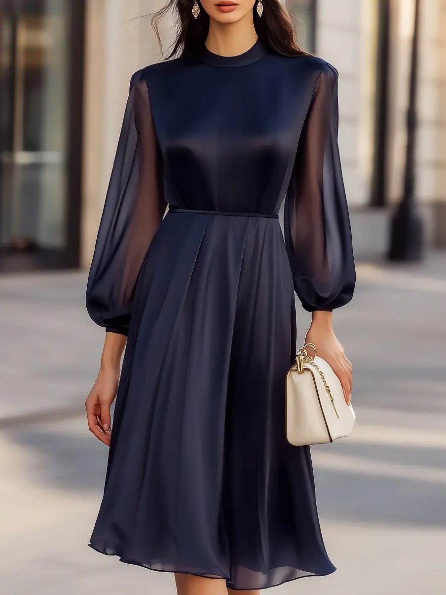 Elegant Navy Chiffon Dress with Sheer Sleeves MollyBoo