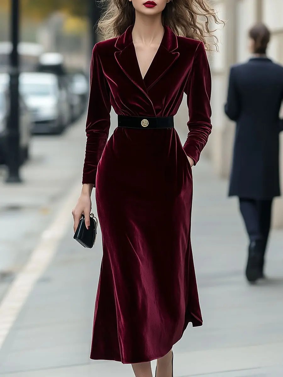 Classic Long-Sleeve Velvet Dress with Gold Accents MollyBoo