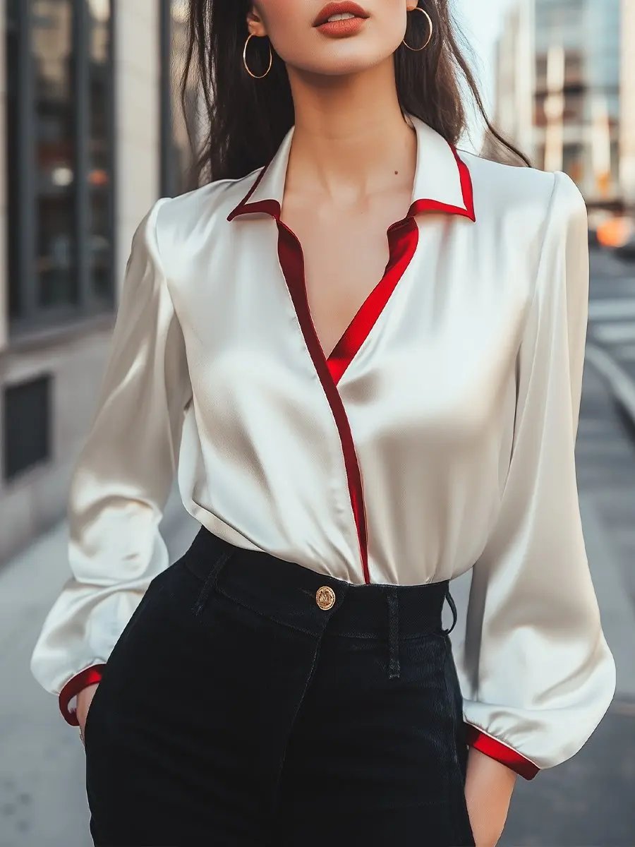 Contrast Collar Satin Blouse MollyBoo