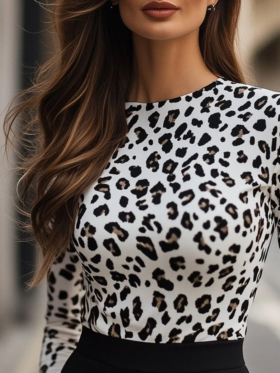 Stylish White Leopard Print High Neck Stretch Tee MollyBoo