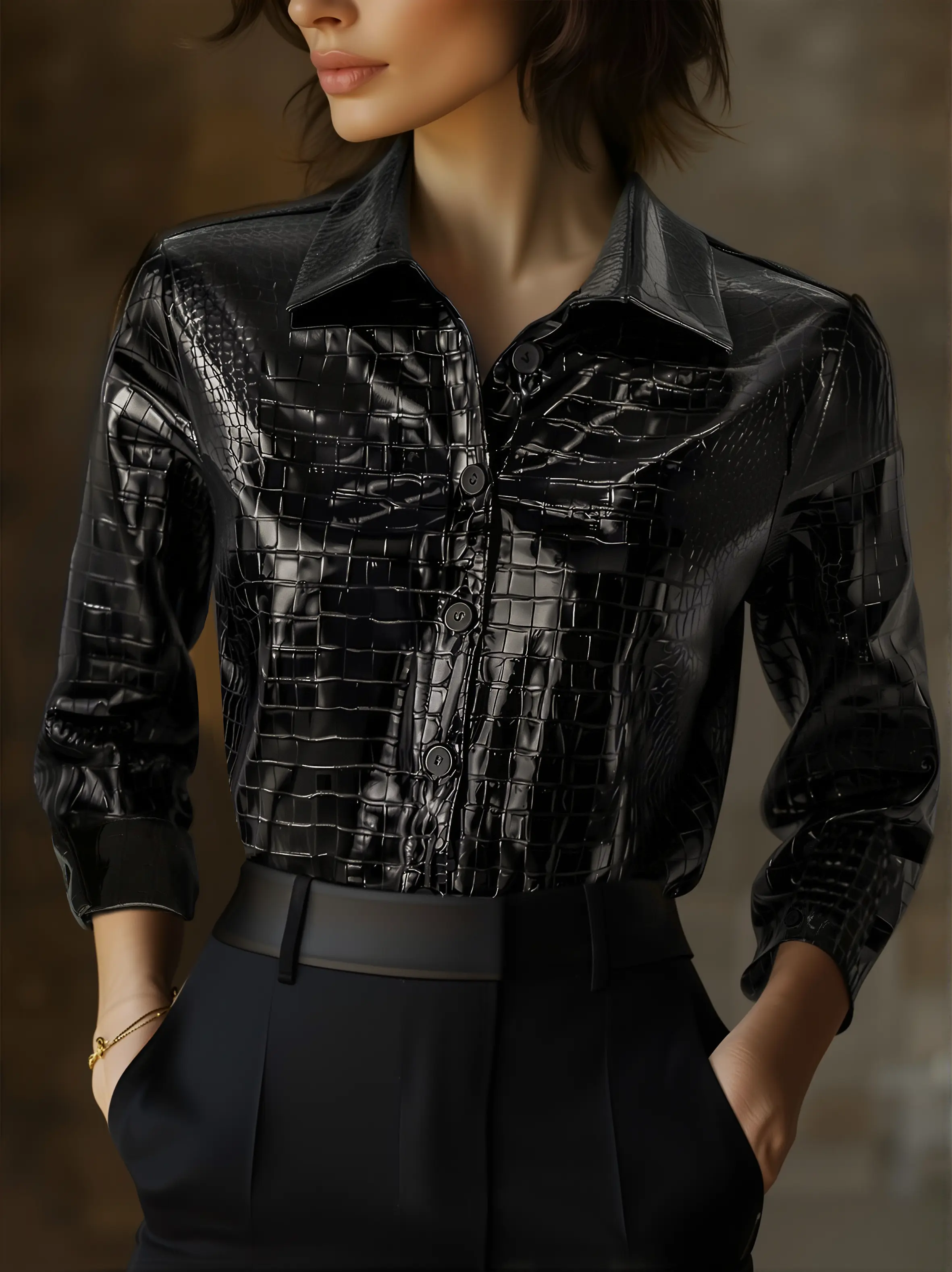 Glossy Black Crocodile Embossed Shirt MollyBoo 16