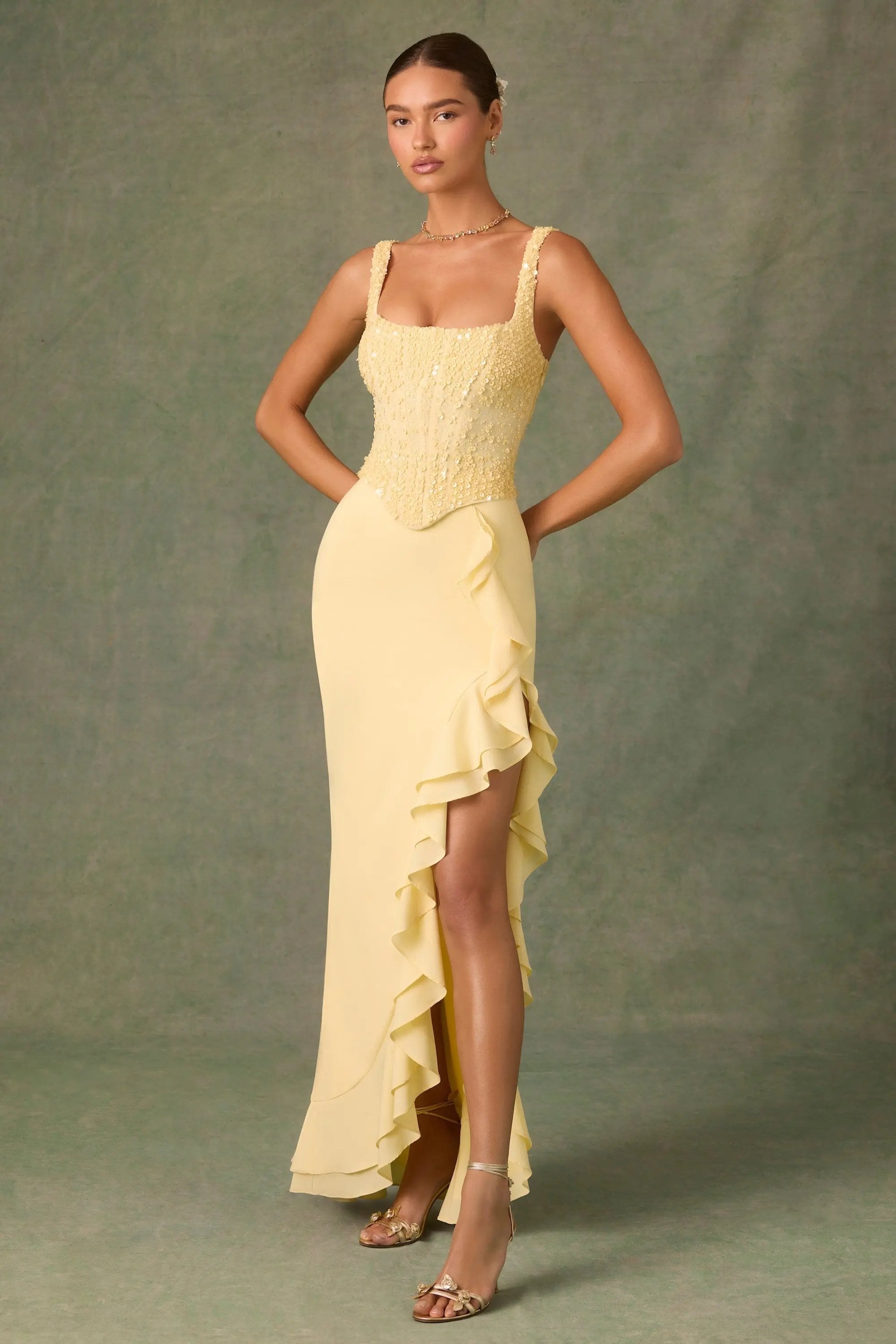 Robina Maxi Dress – Yellow & Embellished MollyBoo