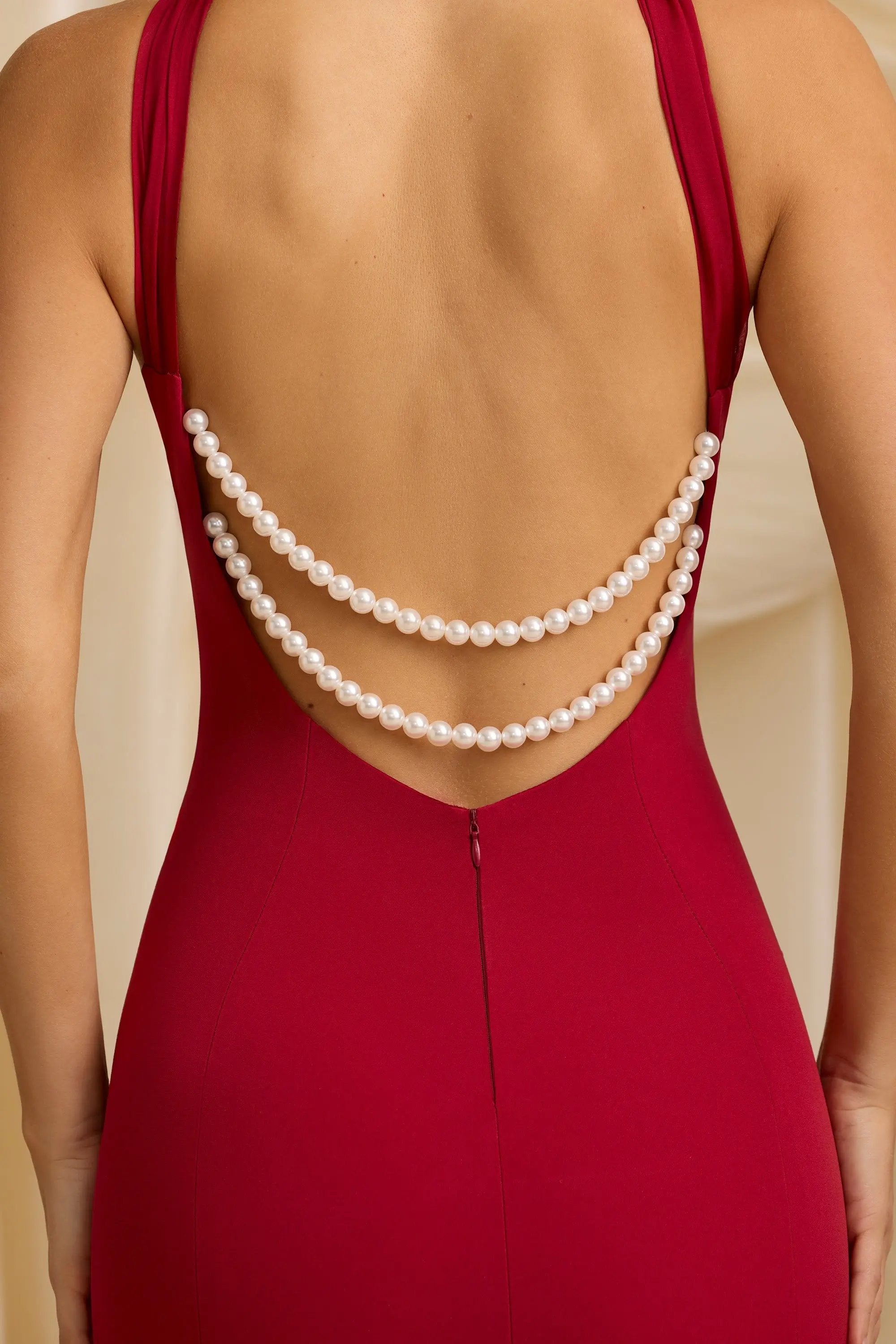 Red Halterneck Maxi Dress – Beaded Necklin MollyBoo
