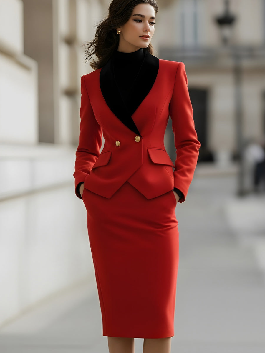 Elegant Tailored Blazer And Skirt Suit Set With Contrast Lapel MollyBoo