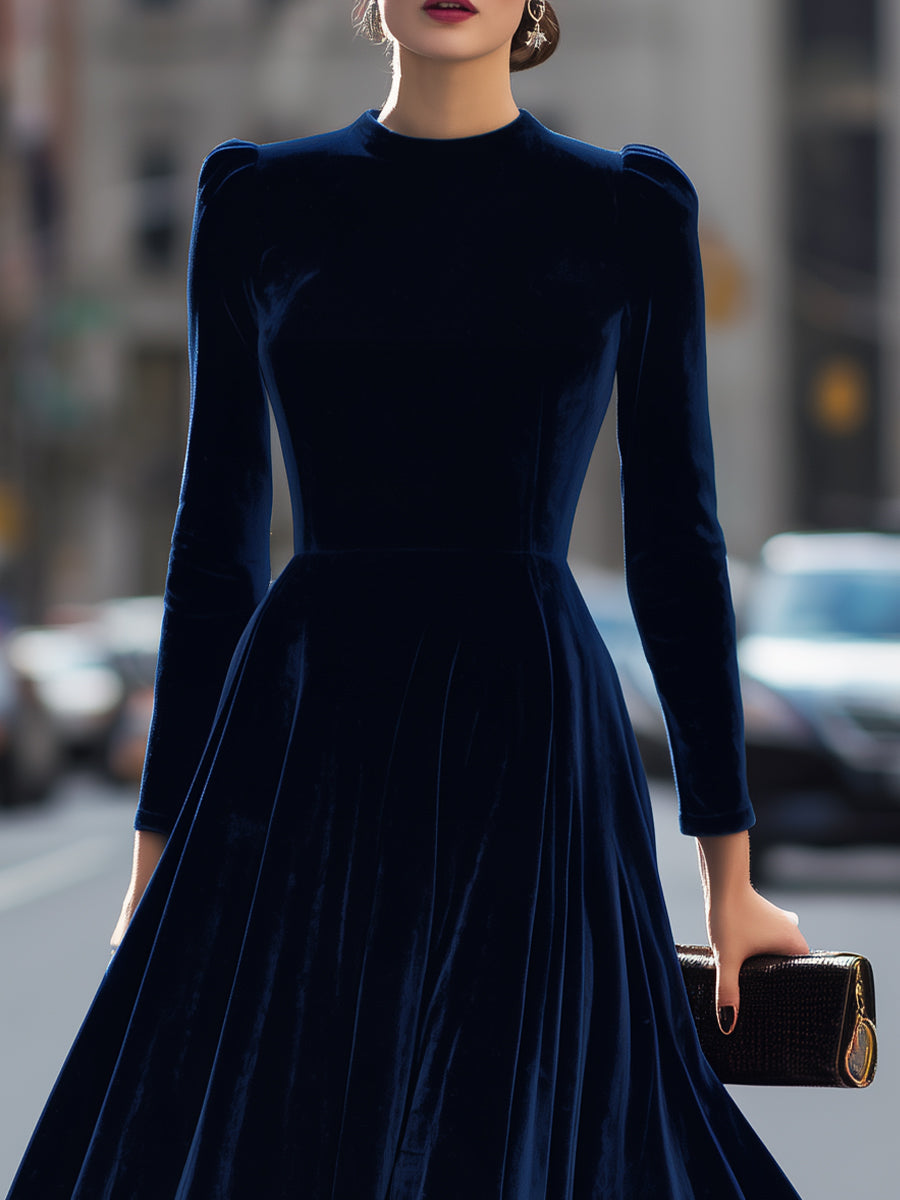 Luxurious Navy Blue Velvet Long-Sleeve Midi Dress MollyBoo