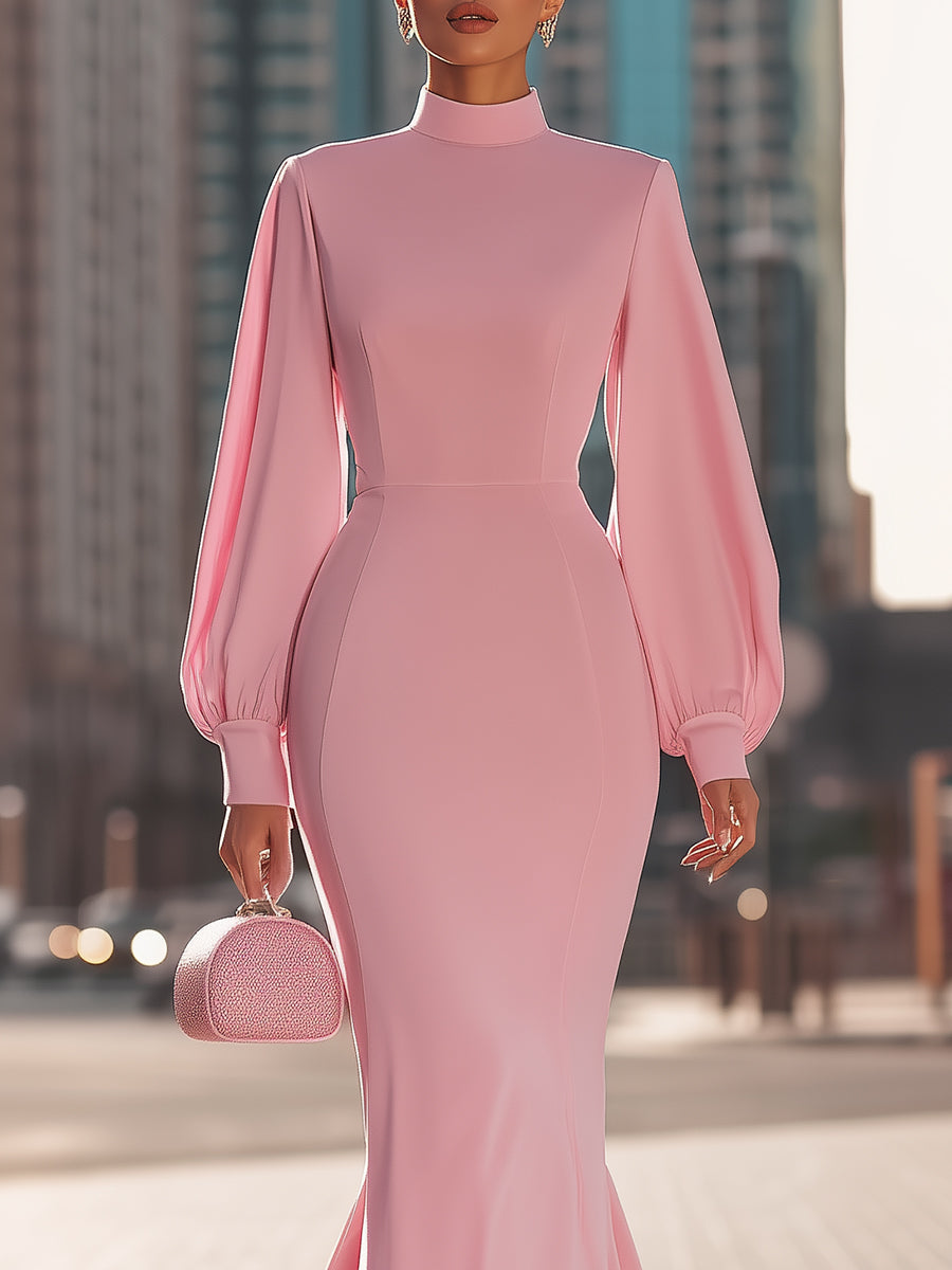 Elegant Blush Pink High-Neck Mermaid Gown With Balloon Sleeves MollyBoo