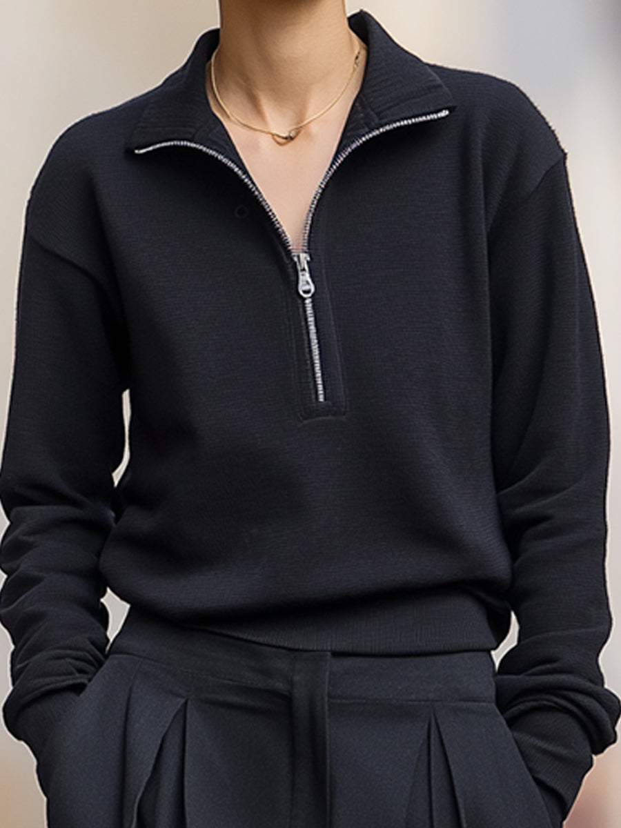 Minimalist Half-Zip Pullover And Wide-Leg Pleated Trousers Set MollyBoo