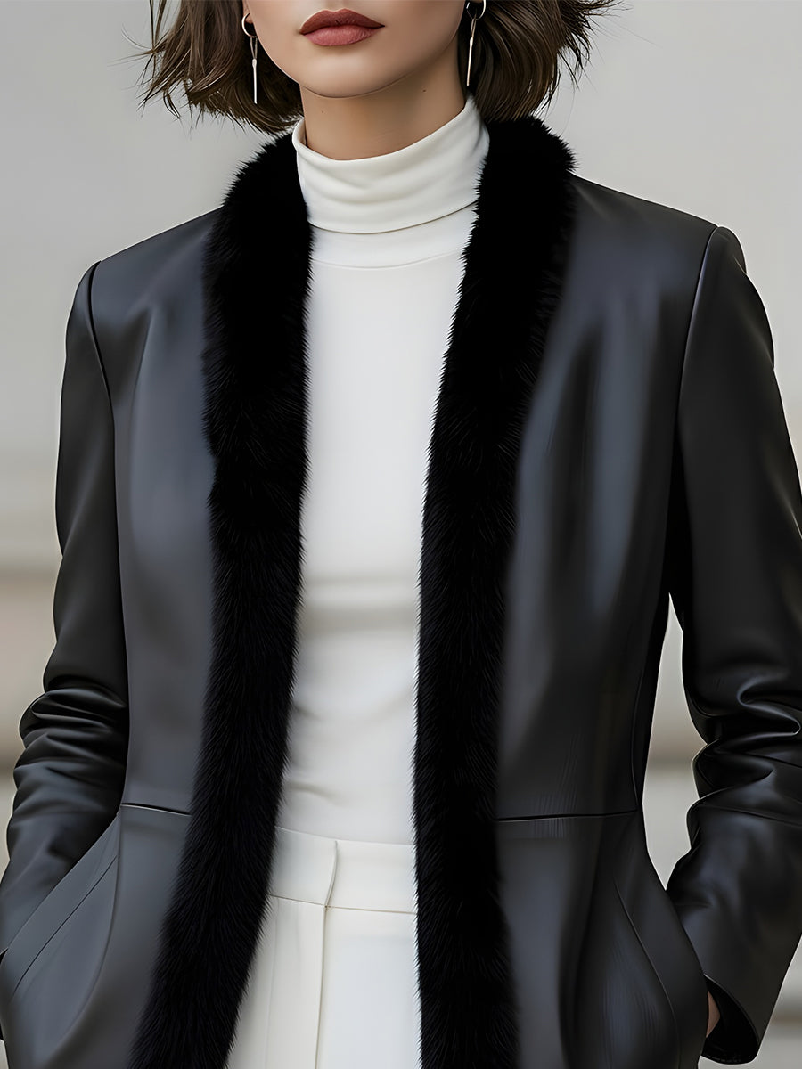 Faux Leather Blazer With Fur Trim MollyBoo