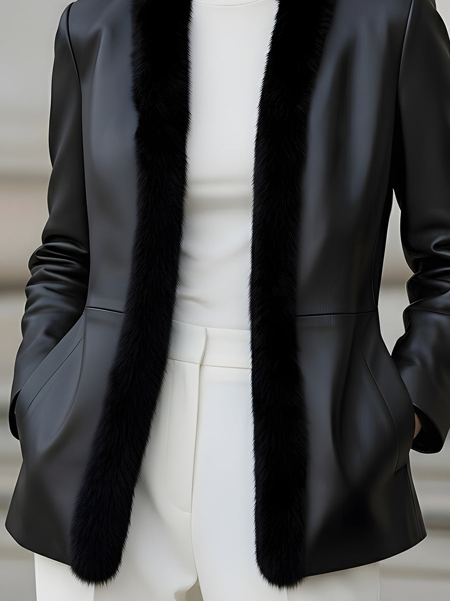 Faux Leather Blazer With Fur Trim MollyBoo