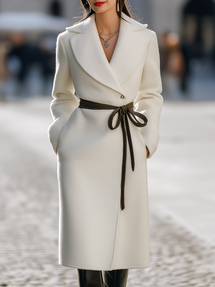 Ivory Wool-Blend Coat With Contrast Tie Belt MollyBoo