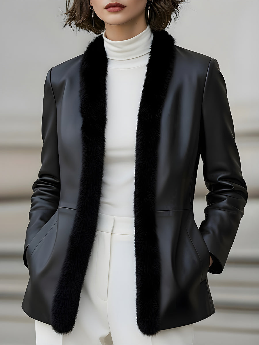 Faux Leather Blazer With Fur Trim MollyBoo
