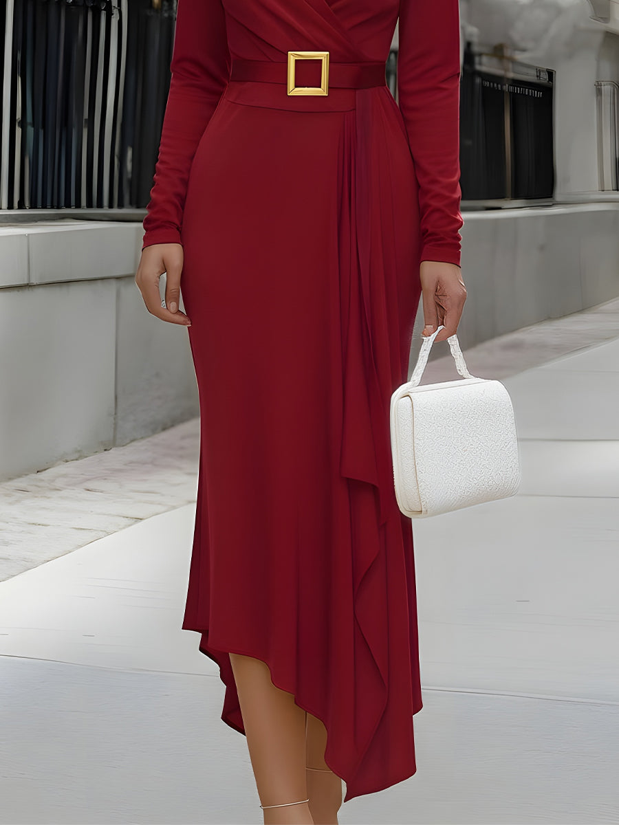 Long Sleeve Draped Midi Dress With Statement Belt MollyBoo