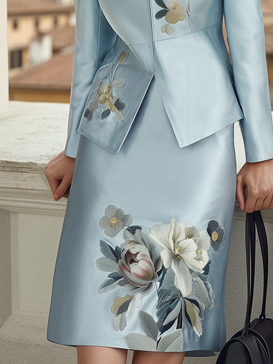 Elegant Light Blue Embroidered Skirt Suit With Zip-Up Jacket MollyBoo