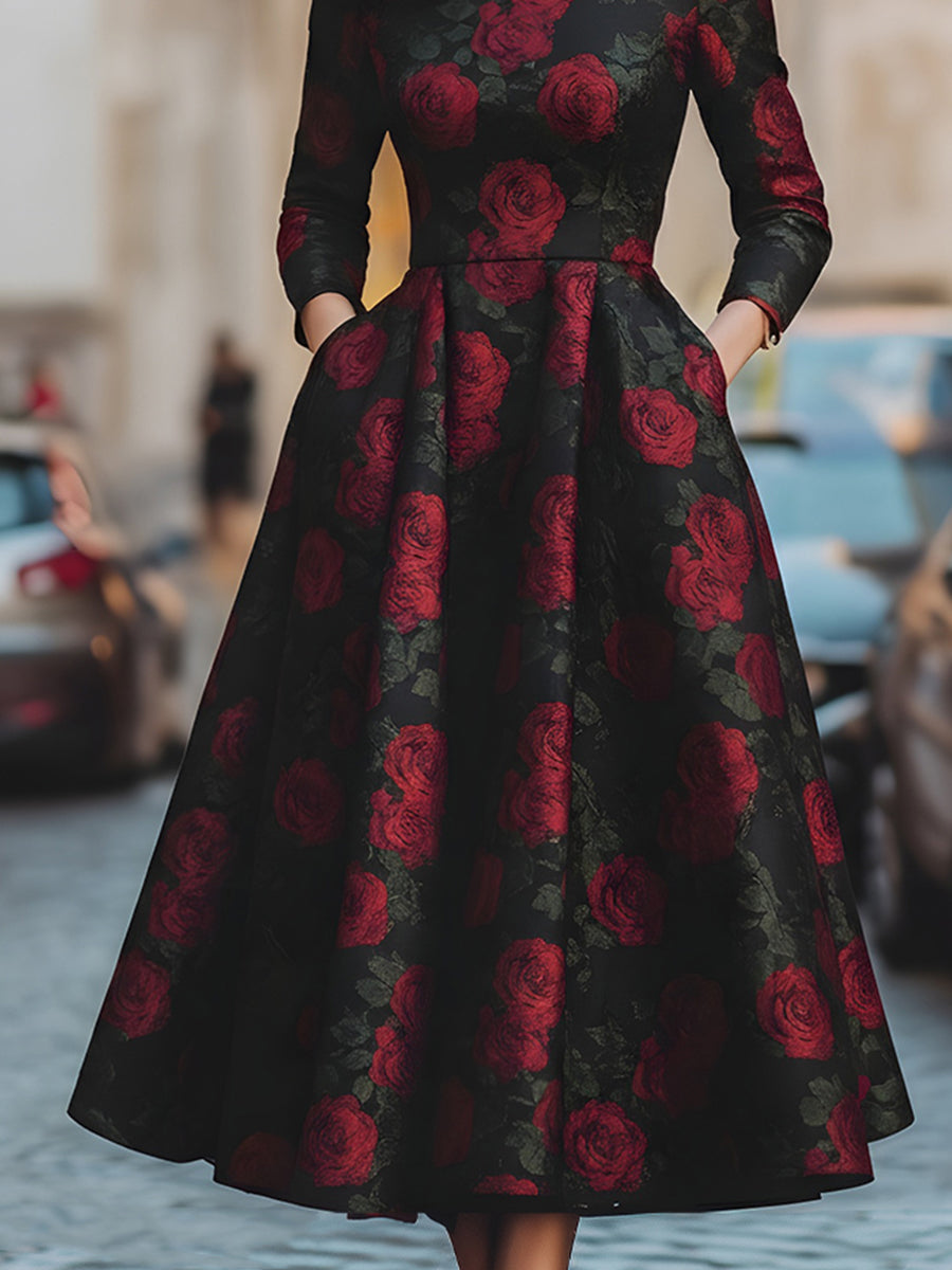 Elegant Jacquard Rose Print Midi Dress MollyBoo