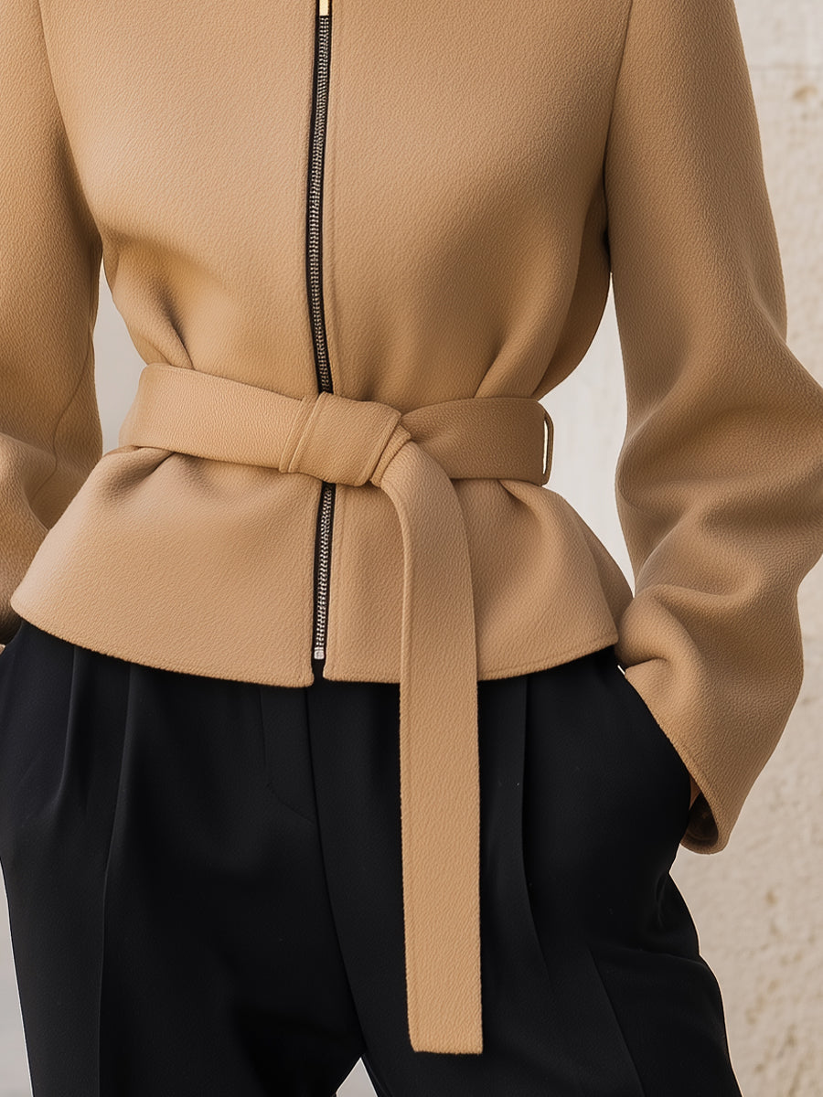 Wool-Blend Belted Zipper Short Coat MollyBoo
