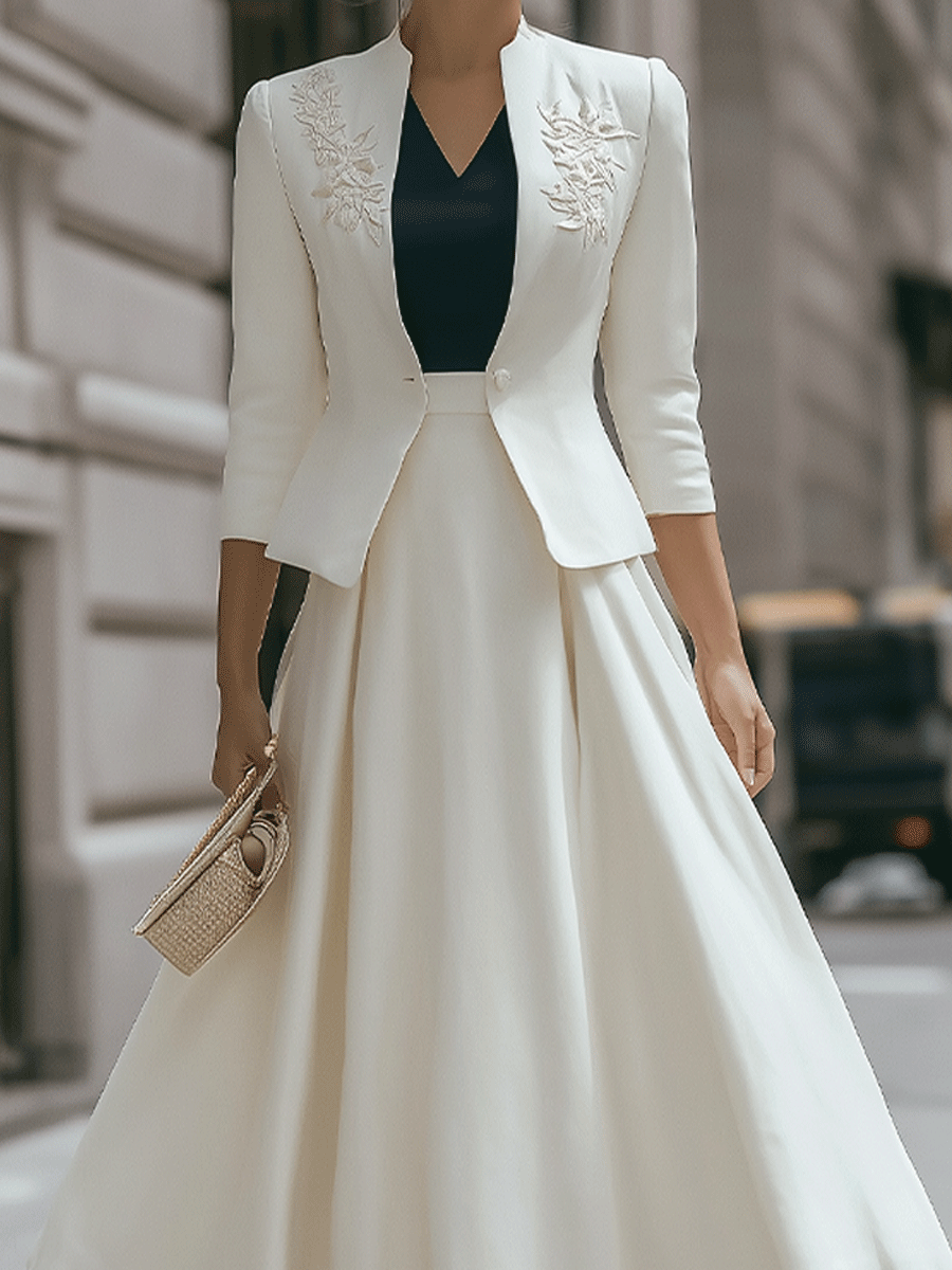 Ivory Embroidered Cropped Blazer And Midi Skirt Set MollyBoo