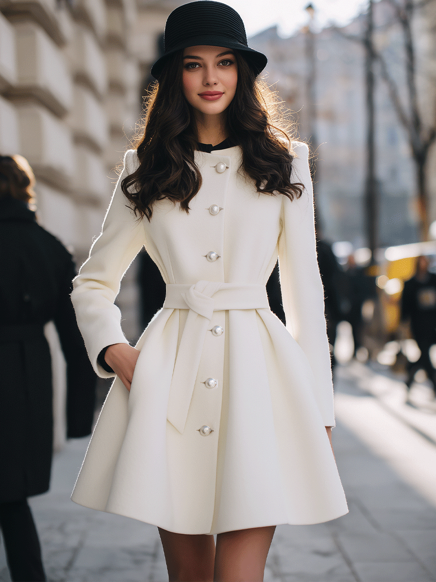 Ivory Short Coat With Pearl Button Detailing And Waist Tie MollyBoo