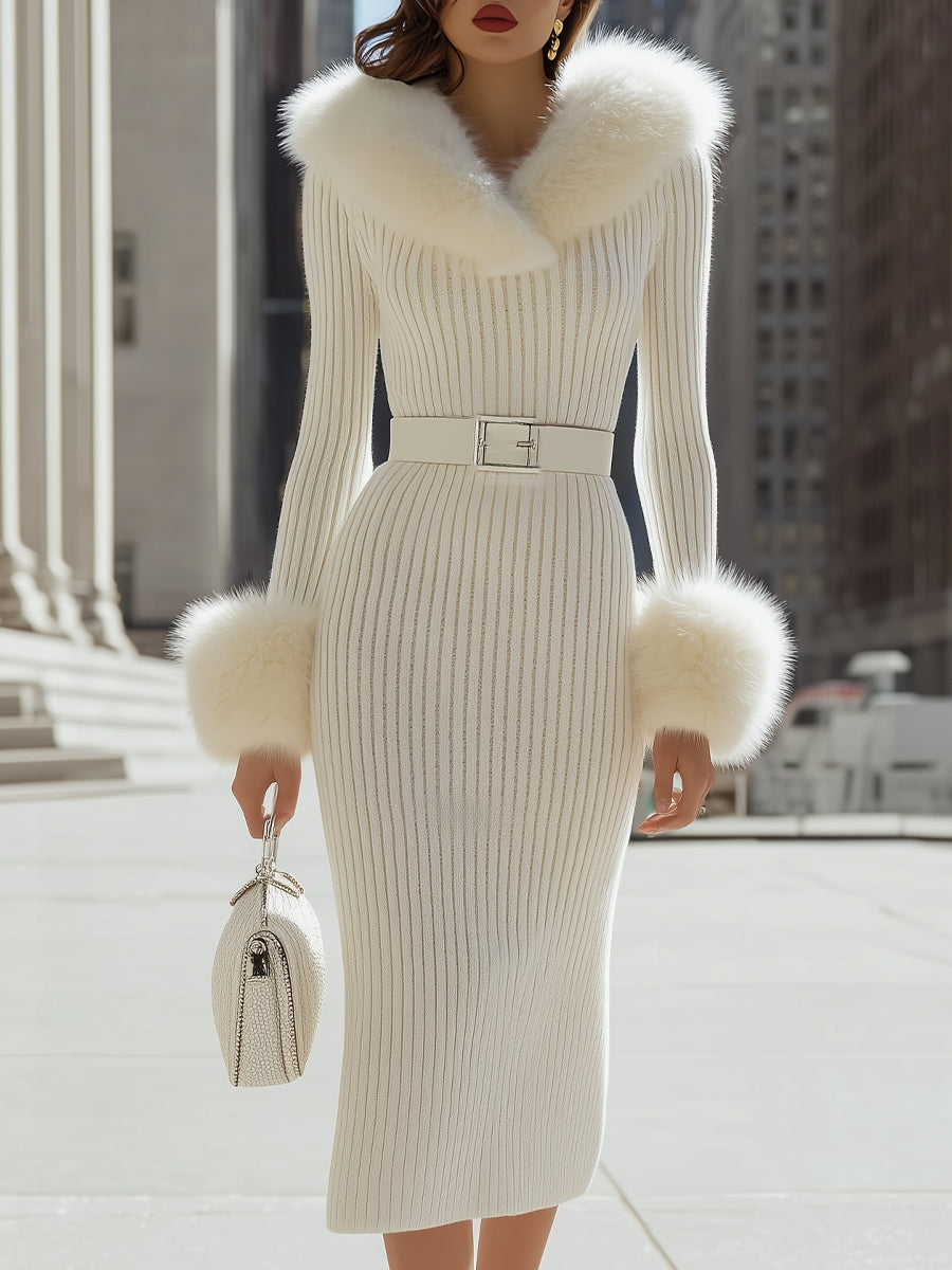 Luxurious White Faux Fur - Trimmed Ribbed Knit Midi Dress MollyBoo