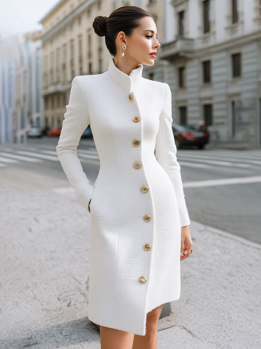 Regal Elegance White High-Neck Button Dress MollyBoo