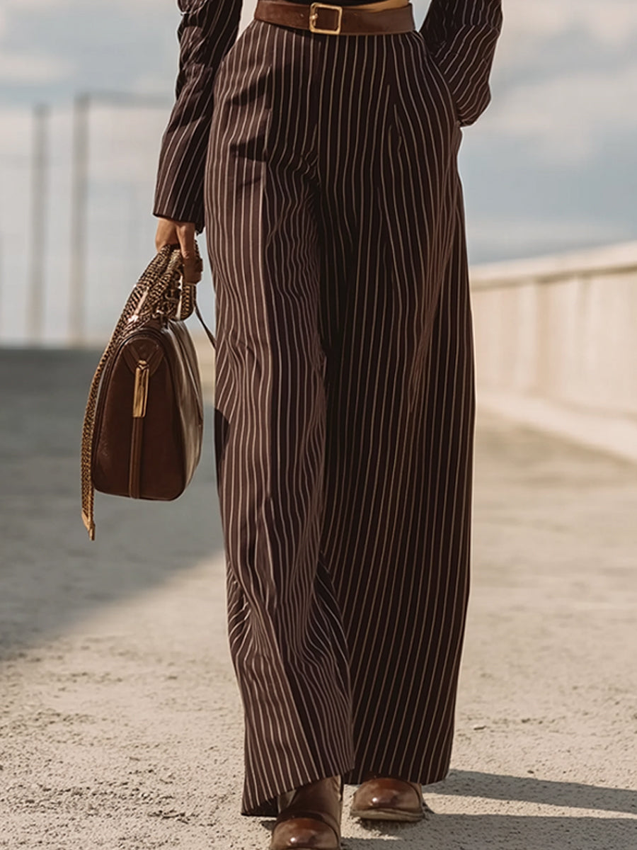 Mooyius Brown Pinstripe Cropped Blazer Suit Set MollyBoo