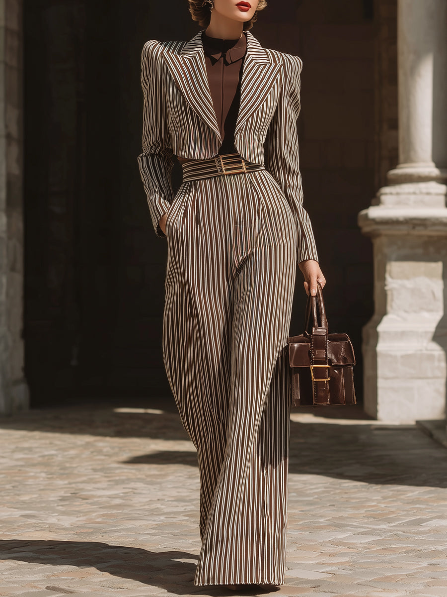 Mooyius Beige & Brown Pinstripe Tailored Suit Set MollyBoo