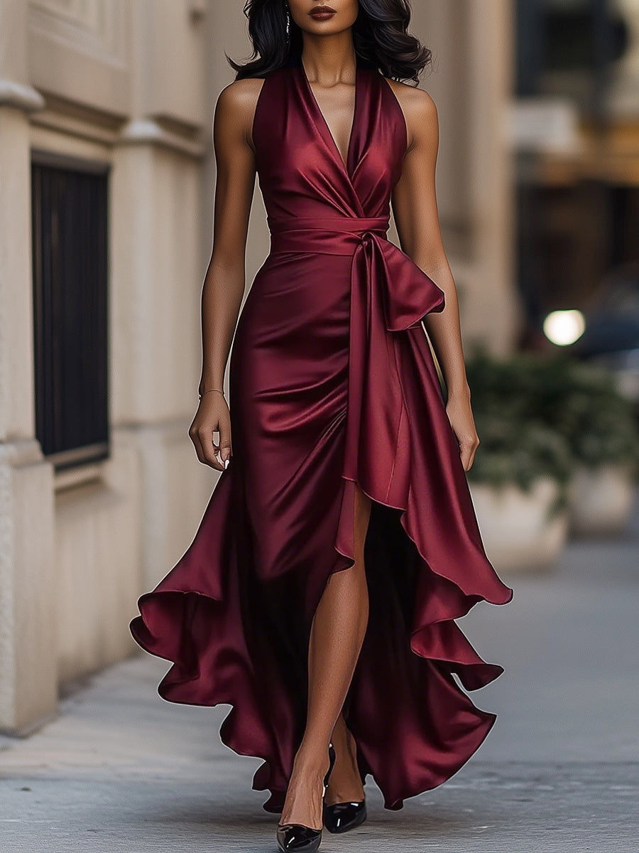 Midnight Elegance Satin Halter Ruffle Gown MollyBoo